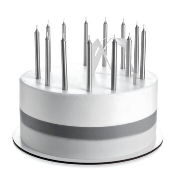 A round frosted cake with a silver ribbon, topped with silver candles and a decorative silver element. All on a white background