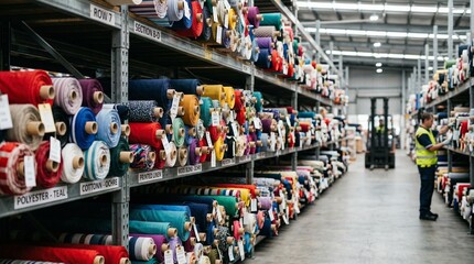 Obraz premium Warehouse worker examining colorful rolled textiles on shelves 