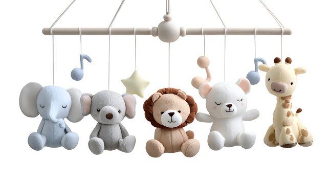 Crip mobile featuring soft toys hanging isolated on the white background 