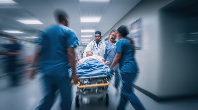 Medical team rushes patient on gurney down hospital corridor in urgent emergency situation