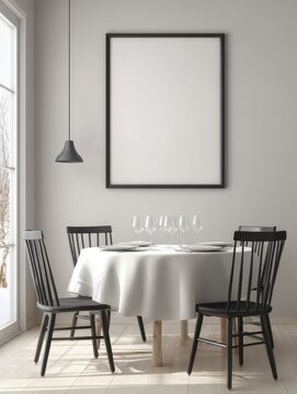 Elegant Dining Room Setup with White Tablecloth, Chairs, and Mockup Frame on Wall