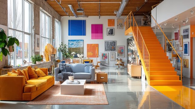 Vibrant modern loft apartment with colorful art, contemporary furniture, and industrial design elements