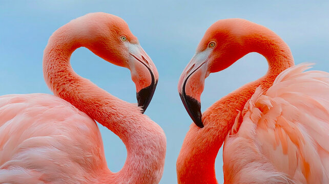 Two Flamingos bright blue background. Two Great African flamingos wade gracefully through the blue lagoon. Their vibrant pink feathers stand out against the bright African sky. 