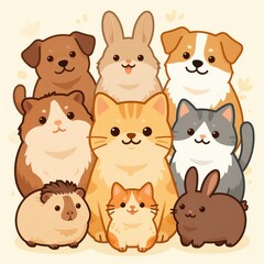 Fototapeta premium Cute Cartoon Animals Group Illustration with Pets and Small Mammals