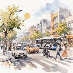 Obraz premium Watercolor Urban Daily Life Scene with City People Traffic Park and School Activities