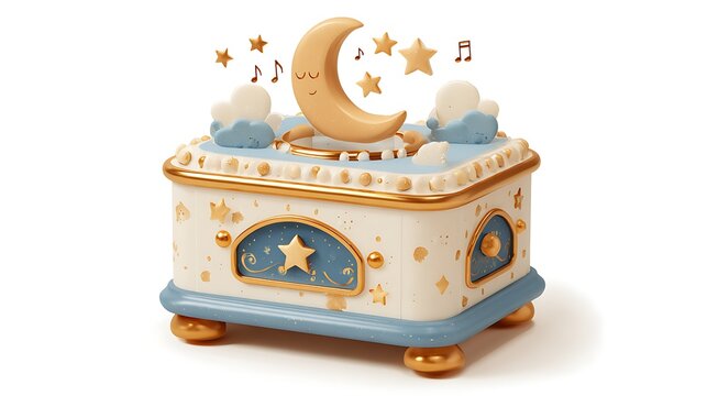 Cute music box with lullaby moon and stars isolated on the white background 