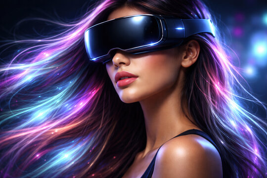 Woman Wearing Virtual Reality Headset With Neon Flowing Hair