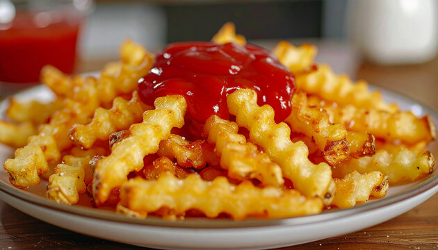 Crispy crinkle-cut potato fries on ceramic plate, drizzled with vibrant red ketchup, golden-brown edges and crunchy texture, tasty food.