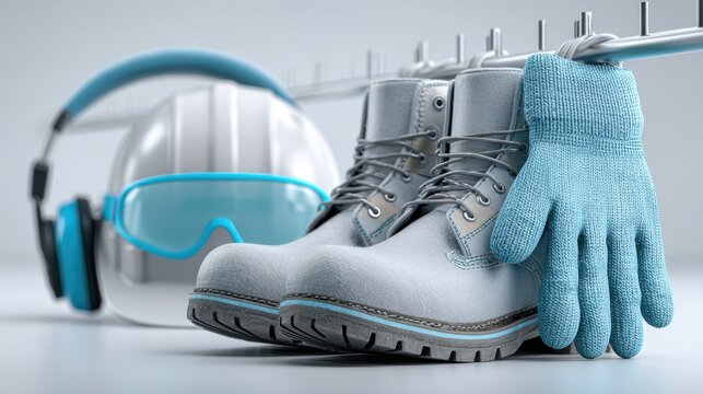 Professional Safety Gear Set: Hard Hat, Safety Goggles, Ear Protection, Work Boots, and Gloves for Construction and Industrial Work