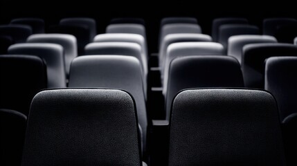 Fototapeta premium Empty rows of dark cinema theater seats in a dimly lit auditorium, creating a somber and expectant atmosphere.