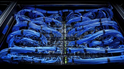 Neatly Organized Blue Network Cables in a Server Rack with Data Center Equipment