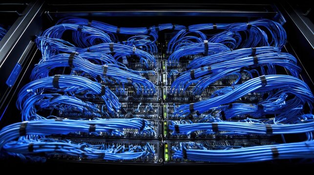 Neatly Organized Blue Network Cables in a Server Rack with Data Center Equipment