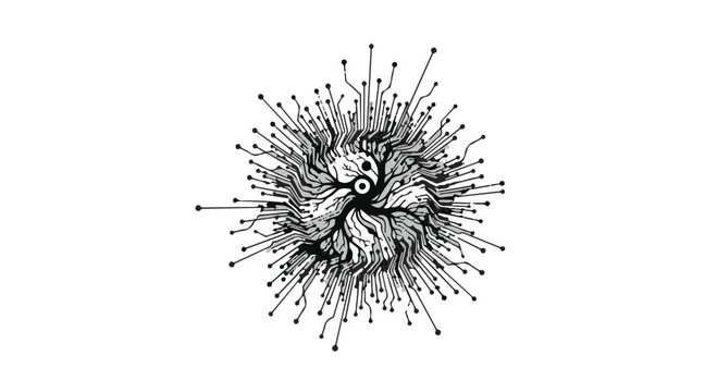 Technology icon displays a complex circuit board pattern radiating outward from a central circular hub in a modern digital style.