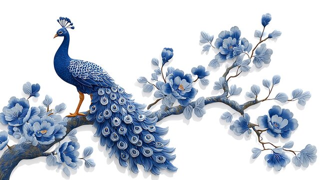 Decorative blue peacock perched isolated on the white background 