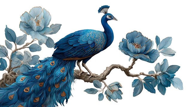 Decorative blue peacock perched isolated on the white background 
