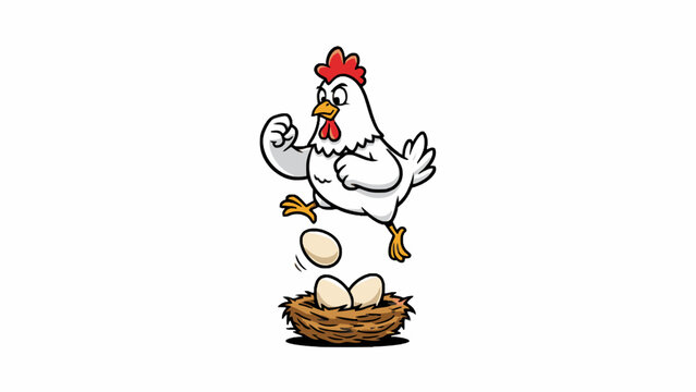 Chicken jumping over nest with eggs cartoon illustration