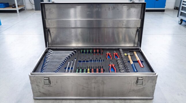 set of tools for repairOpen metal toolbox with organized tools on industrial floor