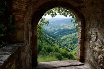Obraz premium Rustic brick archway opening to rolling tuscan style green hills and sunlit valley framed by ivy and aged stone