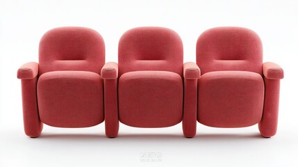 Fototapeta premium Three plush coral red cinema theater seats in a row against a seamless white background