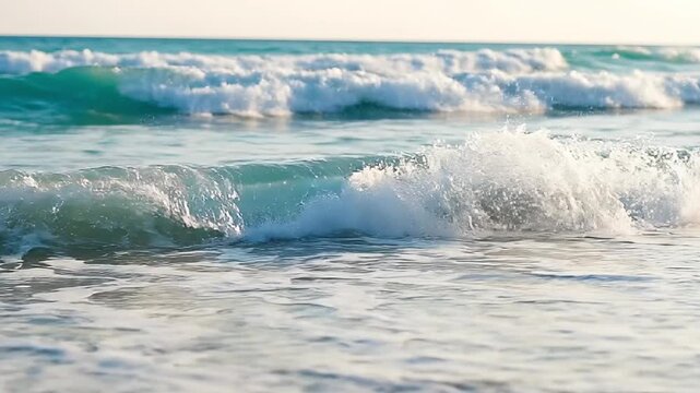 Powerful ocean waves surge and break into foamy white crests, rolling majestically towards a pristine beach under a serene sky