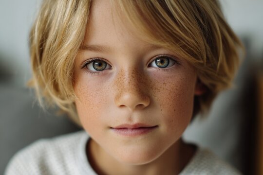Blonde male caucasian child with green eyes and freckles close-up portrait young boy looking at camera serene expression natural light
