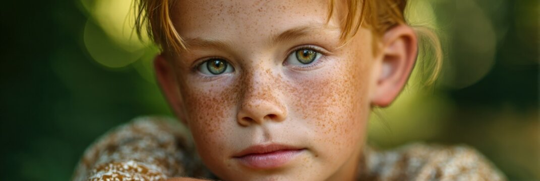 Male caucasian child red hair freckled closeup portrait focused gaze outdoor bokeh natural tones contemplative mood