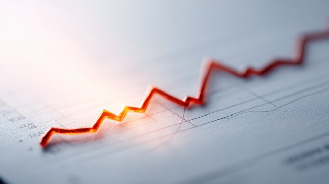 Close up of a rising red line graph on paper showing financial growth and positive trend