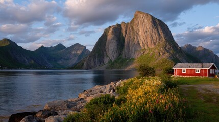 Naklejka premium Breathtaking Norwegian Landscape with Mountains, Calm Waters, Cozy Cabin, Greenery, and Dramatic Skies at Sunset