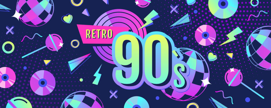 Retro fluorescent disco poster or banner of 80s-90s with disco ball, cd, records and chupa chups. Memphis style background. Vector illustration