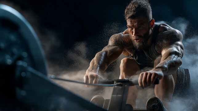 HYROX style cardio training, athlete using rowing machine during intense endurance workout.