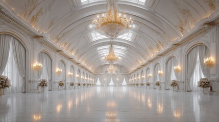 Obraz premium Grand Opulent White Marble Ballroom with Crystal Chandeliers and Arched Windows, Ideal for Luxury Events