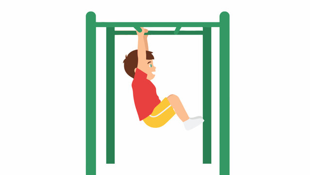 Little boy hanging on green monkey bars isolated on white