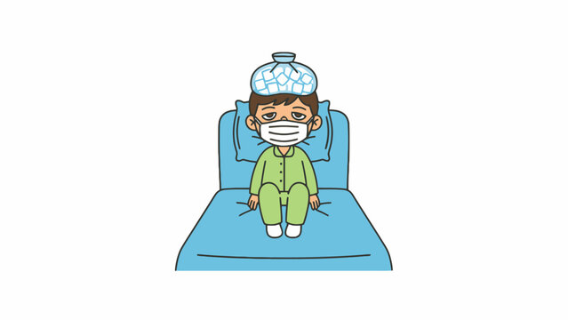 Sick boy with fever sitting on bed wearing face mask and ice pack