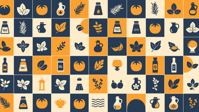 Vibrant grid of orange dark blue and beige squares featuring various icons of fruits leaves and bottles in a stylized