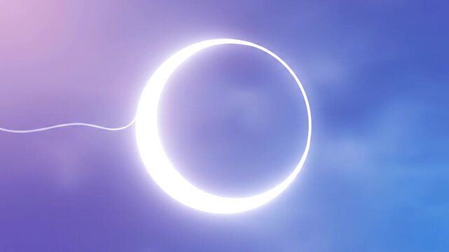 Glowing white crescent moon shape on a gradient sky, with a white curved line extending from it