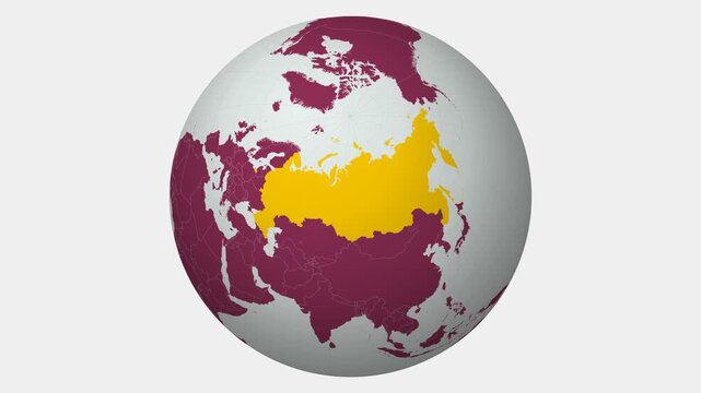 Russia map. Animated zoom into the country on the Globe in Pale Mint Dark Pink color palette. Country logo animation with round text and airplanes. Map with meridians, parallels. Classy video.