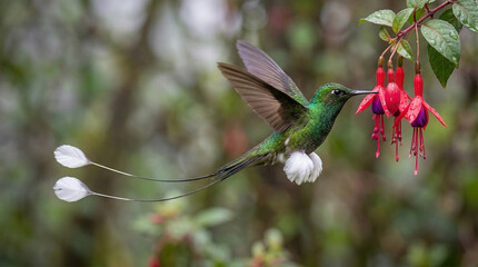 A dramatic action shot capturing a male Booted Racket-tail hummingbird in flight. Its two long, wire-like tail feathers, ending in distinct white "rackets," are trailing elegantly behind it as it hove © WealthyMinion