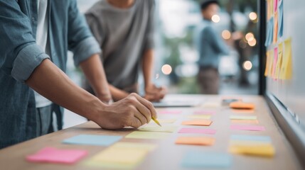 Obraz premium Team collaborating on strategy using colorful sticky notes and planning board in modern office setting