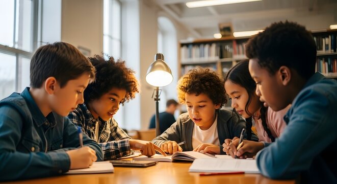 Children studying together in a library