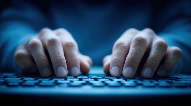 Close up of hands typing on a computer keyboard in a dimly lit, blue-toned environment, suggesting digital work or online activity
