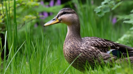 Obraz premium Close-Up of a Duck in Lush Green Grass Surrounded by Vibrant Nature and Colorful Flowers in a Tranquil Outdoor Setting