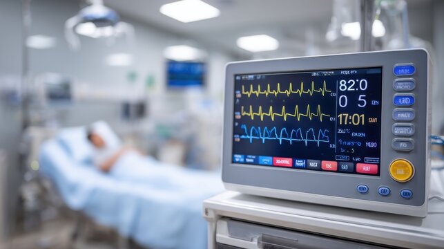 Intensive care unit hospital bedside patient monitoring vital signs machine with waveforms and digital display