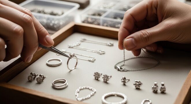 Jewelry Maker Organizing Diamond Rings and Silver Necklaces on a Display Tray