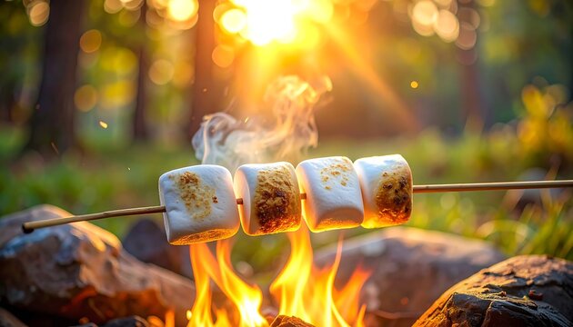 Roasted marshmallows on a stick over a campfire