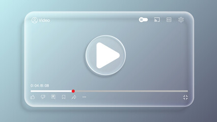 Liquid Glass Video Player UI Template. Transparent Glassmorphism Media Interface for Web and Mobile App Vector Illustration © Jer