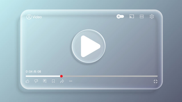 Liquid Glass Video Player UI Template. Transparent Glassmorphism Media Interface for Web and Mobile App Vector Illustration