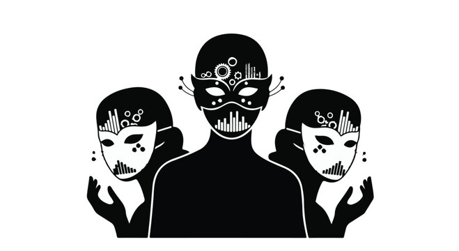Three stylized human figures wearing intricate, futuristic masks represent themes of identity, anonymity, and hidden personalities in a striking black and white composition.