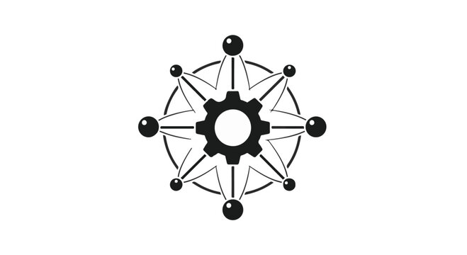 Gear mechanism in a circular, star-shaped pattern represents complex systems, innovation, and structured scientific processes within a cohesive abstract design.