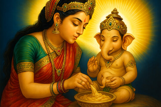 Goddess Parvati lovingly creates her son Ganesha from turmeric paste and breathes life into him