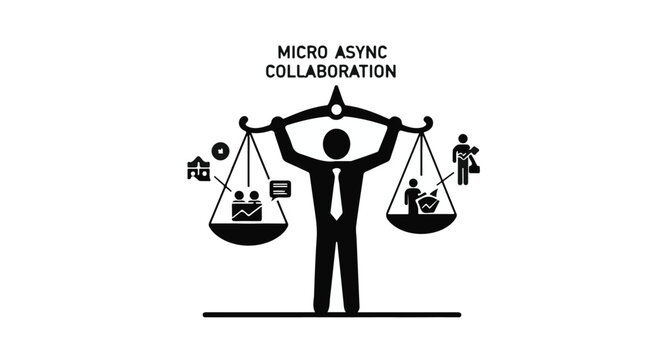 Silhouette illustration depicts a figure balancing a scale with icons representing digital asynchronous collaboration on one side and traditional teamwork on the other, conveying modern work.